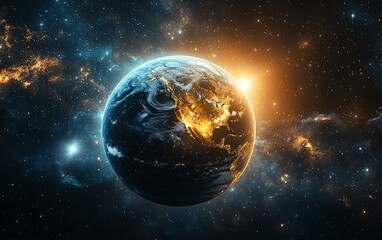 Obraz premium A glowing Earth bathed in radiant sunlight, with cosmic elements like stars and nebulae, representing the aweinspiring beauty of our planet, surreal atmosphere