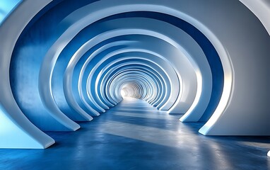 Obraz premium Abstract blue and white archway tunnel leading to light.