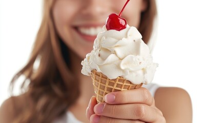 5. A smiling person holding a scoop of ice cream in a cone, with whipped cream and a cherry on top.