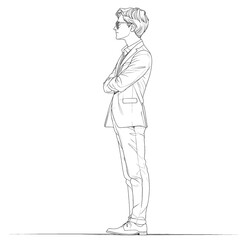 Obraz premium Man in suit, profile view, arms crossed.