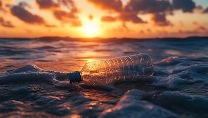A plastic water bottle drifting on ocean waves under a stunning sunset, highlighting pollution and its effects on marine life, cinematic composition, highdefinition clarity