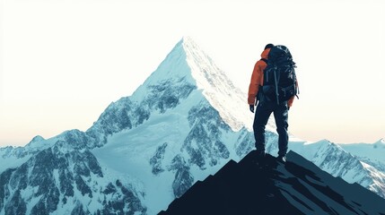 Adventurer Standing on Mountain Peak with Snow-Capped Summit