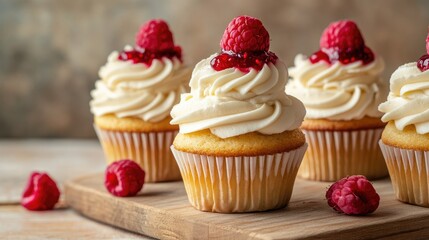 Four delicious cupcakes topped with cream frosting, raspberry jam, and fresh raspberries, beautifully arranged on a wooden tray for a tempting dessert presentation.