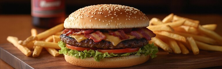 Juicy Cheeseburger with Bacon and Crispy Fries