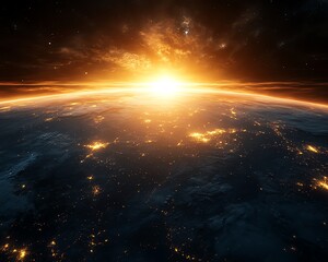 A powerful sunrise over Earth, with cities glowing and vast natural beauty beneath, representing hope and the promise of renewal, soft warm tones, ultrarealistic detail