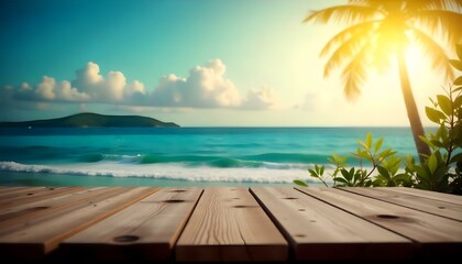 A wooden dock or pier overlooking a calm, turquoise ocean with a clear blue sky in the background