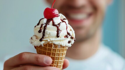 5. A smiling person holding a scoop of ice cream in a cone, with whipped cream and a cherry on top.