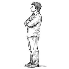 Fototapeta premium Man standing, arms crossed, profile view.