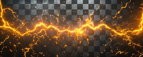 Electric sparks and lightning bolts with vibrant yellow hues on a grayscale checkered background