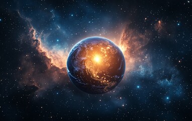 Naklejka premium A stunning view of Earth illuminated by a brilliant sun, surrounded by cosmic stars and nebulae, emphasizing the beauty and mystery of our planet, ultrarealistic lighting