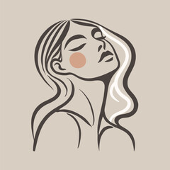 Minimalist line art of a serene woman with flowing hair, beige background