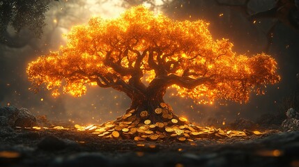 A golden tree with coins and banknotes growing into leaves