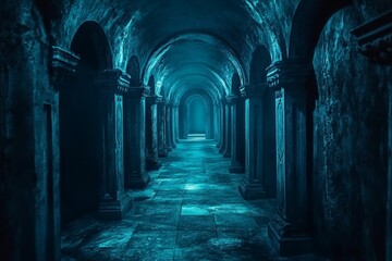 Fototapeta premium Dark, mysterious hallway; arched ceiling, stone columns.
