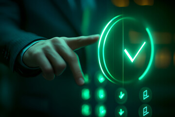 Futuristic digital interface with green checkmark, business technology, secure access, authentication, approval system, innovation, cybersecurity, AI, automation, and virtual security.