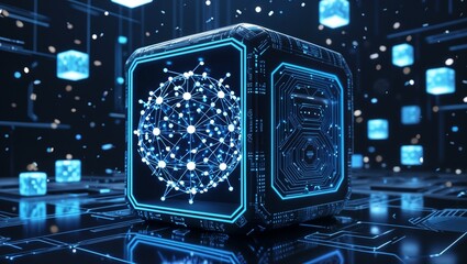 Fototapeta premium Futuristic AI Blockchain Cube with Digital Network and Glowing Data Nodes.