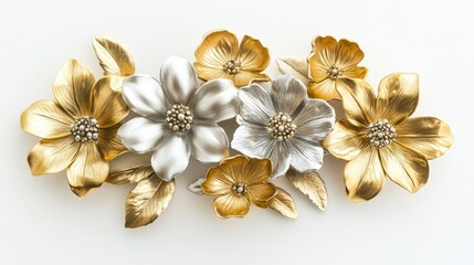 Decorative metallic flowers in gold and silver tones for decor