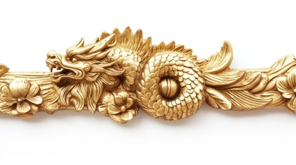 Obraz premium A detailed golden dragon motif with finely crafted scales, symbolizing power, isolated on a clean white backdrop