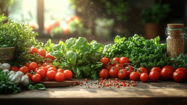 Fresh tomatoes basil garlic and herbs on wooden table.
