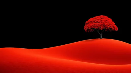 Gordijnen Red Serenity: A solitary tree stands tall on a crimson hill, its branches reaching for the endless black sky in a minimalist and evocative landscape. © NAPHAT