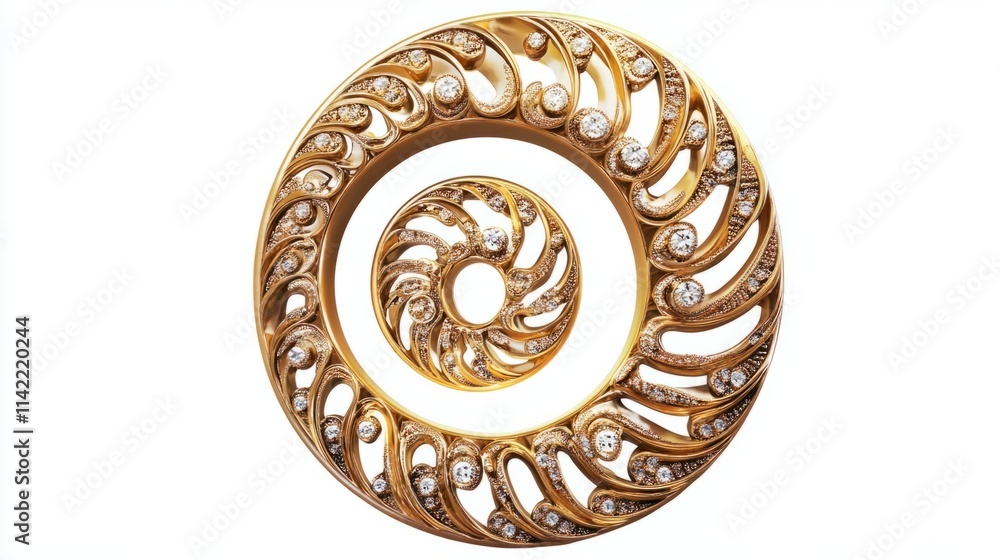 Poster a glossy golden spiral decorative element with intricate patterns, isolated on a clean white backgro