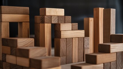 Wooden blocks arranged creatively, showcasing geometric shapes and architectural concepts.
