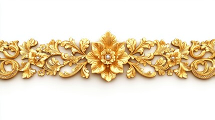 Fototapeta premium A golden decorative divider with intricate floral patterns and a glossy finish, isolated on a bright white background