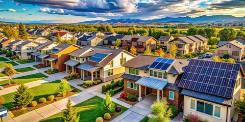 Fototapeta premium Aerial View of New Solar Homes in Colorado - Sustainable Living, Eco-Friendly Architecture, Modern Housing Development, Renewable Energy Solutions for a Greener Future