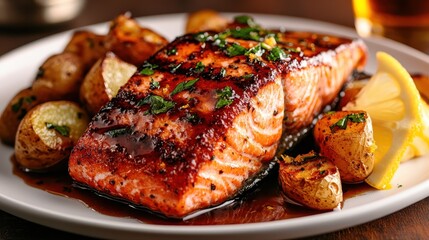 A delicious dish featuring a perfectly grilled salmon fillet, garnished with herbs, served alongside roasted potatoes and a lemon wedge, creating a savory meal experience.