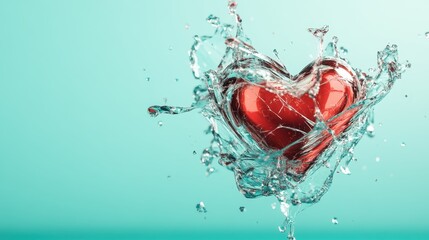 A dynamic image of a vibrant red heart surrounded by splashes of liquid against a calm aquamarine background, symbolizing passion and emotional expression in artistic form.