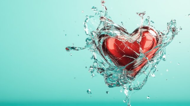 A dynamic image of a vibrant red heart surrounded by splashes of liquid against a calm aquamarine background, symbolizing passion and emotional expression in artistic form.