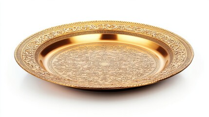 A golden decorative plate with ornate engravings and a glossy finish, perfect for elegant designs, isolated on white