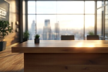 Fototapeta premium Modern office wooden desk with city view.