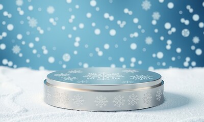 Winter Wonderland Product Display: Elegant silver podium adorned with snowflakes sits on a pristine...