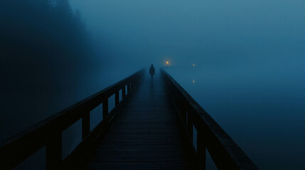 Fototapeta premium Lone Figure Walking on Foggy Bridge in Mysterious Shadowy Atmosphere