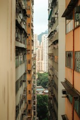 Fototapeta premium Close buildings, narrow alley, urban density, greenery glimpse.