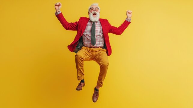 Full length photo of funny hipster grandpa white beard guy jumping high exciting trip wear plaid red blazer tie trousers outfit isolated yellow bright color background