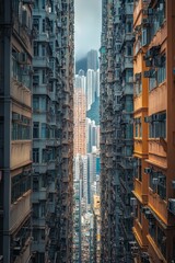 Fototapeta premium Dense urban buildings, narrow alley, many windows.