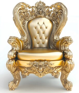 Gold throne chair isolated on white background, chateau rococo furniture, baroque furniture.