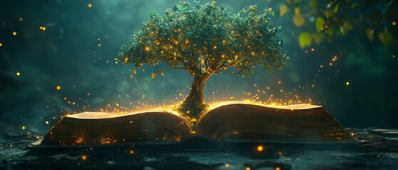 An ancient book opening with a tree growing from its pages, surrounded by shining, ethereal lights, casting a magical glow across the scene