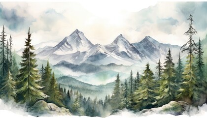 Fototapeta premium Watercolor illustration a breathtaking snowy mountain landscape, where majestic peaks, against the winter sky. The mountains, slopes, evergreen trees, picturesque blend of white and green.