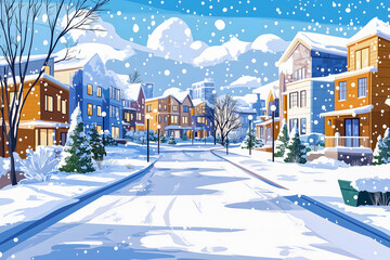 Naklejka premium Snow blankets the quiet streets of a suburban neighborhood, with colorful houses lining the road and tall trees dusted in white. Fluffy clouds add charm to the winter day
