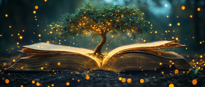 An ancient book opening with a tree growing from its pages, surrounded by shining, ethereal lights, casting a magical glow across the scene