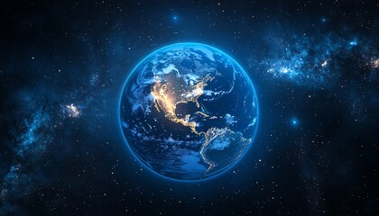 Fototapeta premium Blue Earth globe isolated in space, with the USA continent glowing in deep blue, capturing the world s focus on the United States