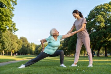 Elderly woman exercising with assistance from a personal trainer.