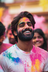 Obraz premium Photo of Holi festival celebration, joyful Indian people celebrating with vibrant clouds of colorful powder exploding in the air, smiling faces covered in bright pink, blue, yellow, and green colors