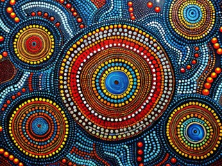 Obraz premium Aboriginal Dot Painting Art Print: Red, Blue, Yellow Circles on Black Background