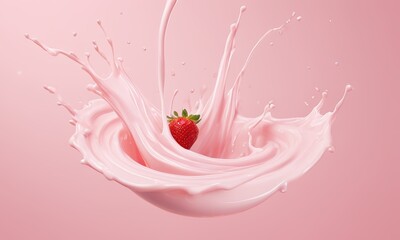 Strawberry Splash: A vibrant strawberry falls into a swirl of pink liquid, creating a dynamic and delicious splash. The image evokes a sense of freshness, sweetness, and indulgence.  
