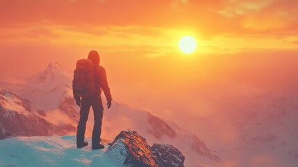 Obraz premium Adventurer Standing on Mountain Peak Watching Sunrise Over Horizon