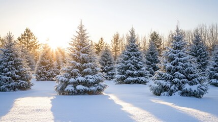Serene winter landscape featuring snow-covered trees illuminated by the warm glow of a sunrise in a tranquil forest setting