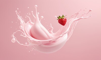 Strawberry Splash: A vibrant strawberry takes a refreshing plunge into a wave of pink yogurt, creating a dynamic and delicious splash. The image is a study in contrasts.
